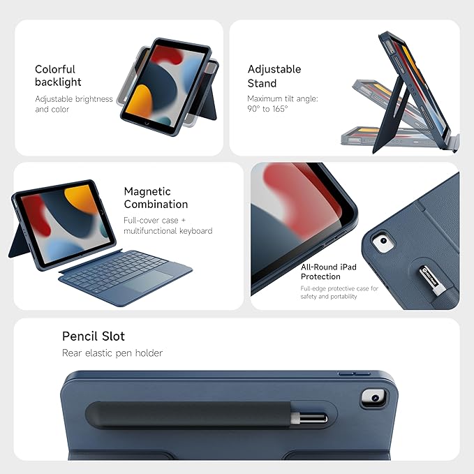 HOU Combo Keyboard Case for iPad 9th Generation (10.2", 2021)/8th Gen/7th Gen/iPad Air 3/Pro 10.5 Multi-Touch Trackpad,7 Color Backlight,Rotatable & Detachable,Portrait/Landscape Modes,Navy Blue