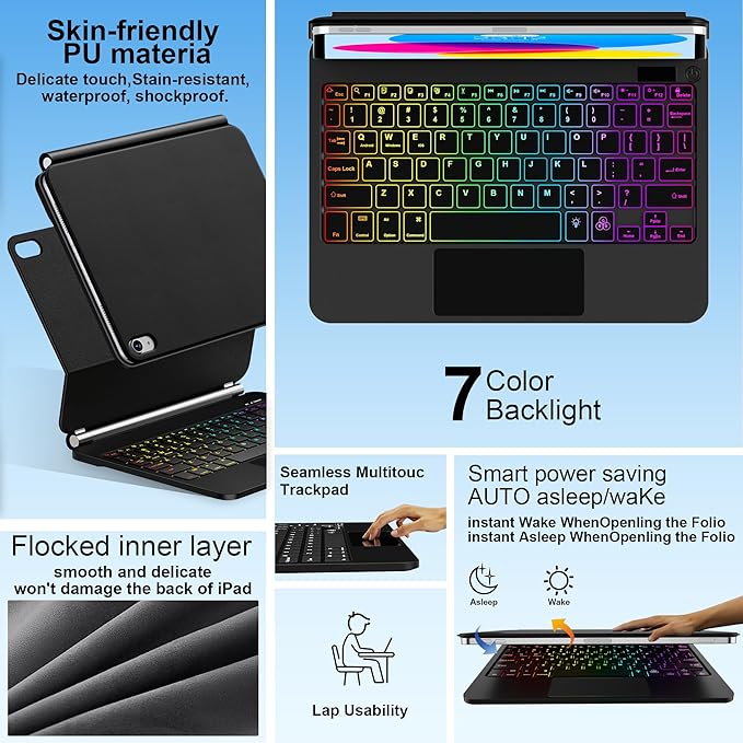 for iPad 11th (A16) & 10th Generation Case with Keyboard – Magic-Style Magnetic – Floating Cantilever Stand - Multi-Touch Trackpad Keyboard Case for iPad 11 inch 2025&10th Gen 10.9 inch (Cool Black)
