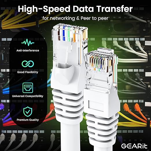GEARit Cat 6 Ethernet Cable (10-Pack 25 Feet) Cat6 Network Patch, 10Gbps, RJ45, Snagless Cord, Gold-Plated Connectors, Internet for PC, TV, Tablet, Router, Printer, Servers, IT Data Center - White