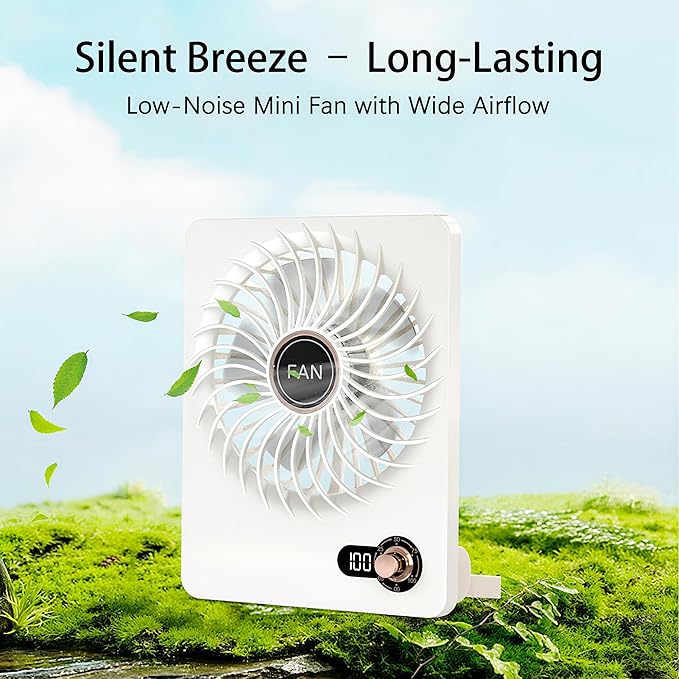 Mini Portable Fan, Silent Rechargeable Desk & Handheld with Adjustable Speeds & Angles, Long-Lasting Battery, Light Personal Wireless Cooling for Office, Bedroom, Classroom, Travel