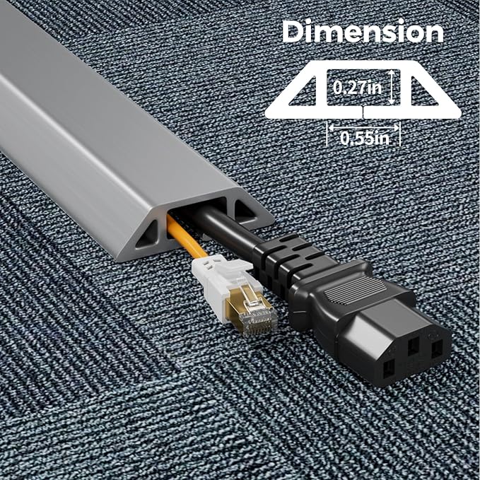 Yecaye 4ft Floor Cord Cover, Cord Covers for Wires on Floor, Floor Cable Mangament, Cable Protector for Organizing and Protecting Wires on Floor, Cord Hider Cable Cavity W0.55in H0.27in Grey