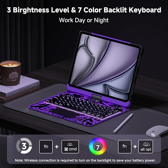 iPad Keyboard Case for 2024 M4 iPad Pro 11 inch, Magic Wireless Keyboard with Trackpad 7 Color Backlit, 360° Rotating Stand Transparent Protective Cover with Pencil Holder (Purple)