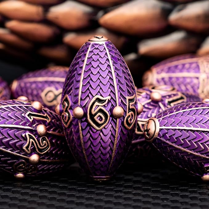 ARUOHHA DND Metal Dice Copper Purple Dragon Egg Dice with Rotating Dragon Egg Shell, Role Playing Game RPG Polyhedral D and D Dice Set D20 D12 D10 D8 D6 D4