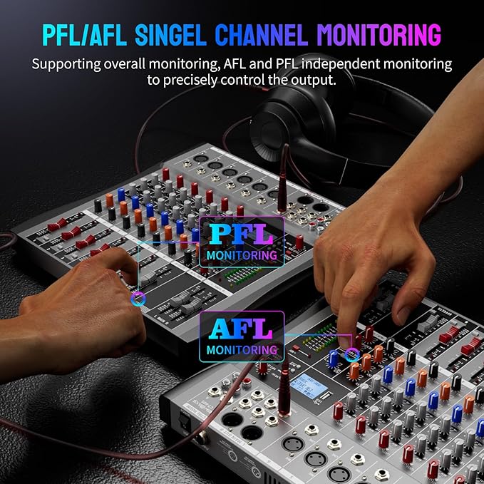 Professional DJ Audio Mixer - NEW BAXS 6 Channel DJ Bluetooth Controller Sound Mixer,USB Interface,6 XLR Mic/Line Input,AUX,FX Processor MP3 Player,+48V Phantom For Karaoke Studio Streaming Recording