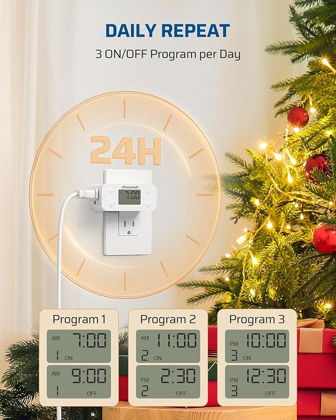 DEWENWILS 24 Hour Programmable Digital Timer Outlet, Timers for Electrical Outlets, Light Timer for Indoor Lamp Fan Aquarium, 1 Grounded Outlet, 125V/15A/1000W, 3 Prong, 1/2 HP, 1 Pack