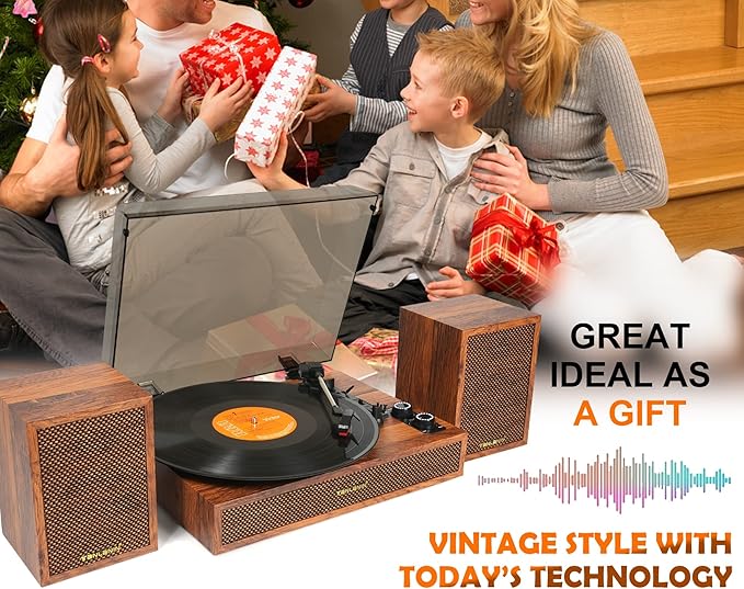 Vinyl Record Player with External Speakers, 3 Speed Bluetooth Turntable for Vinyl Records, Vintage Belt Drive Record Player with Stereo Speakers and Auto Stop, RCA Audio Out and Aux-in,Light Wood