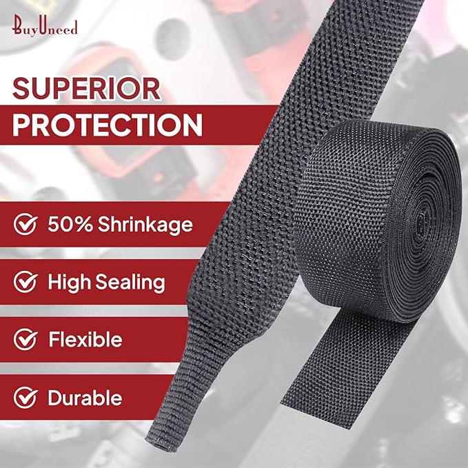 Heat Shrink Wire Loom 2:1 Shrinkable Braided Cable Sleeve 1 Inch ID-46ft Abrasion Protection Flexibility Fabric Wiring Harness Cover Sheath