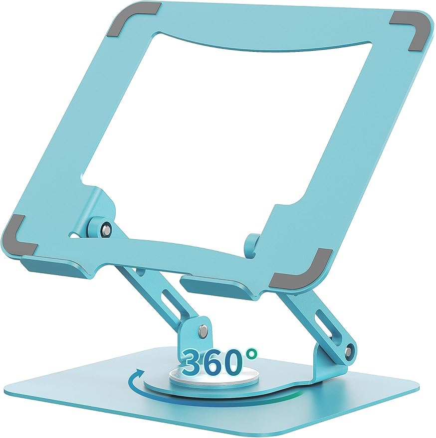 SOUNDANCE Laptop Stand with 360° Rotating Base, Ergonomic Computer Riser for Desk, Adjutable Height Muti-Angle, Foldable Laptop Mount, Stable Metal Holder Support 10-15.6" Notebook PC, Blue