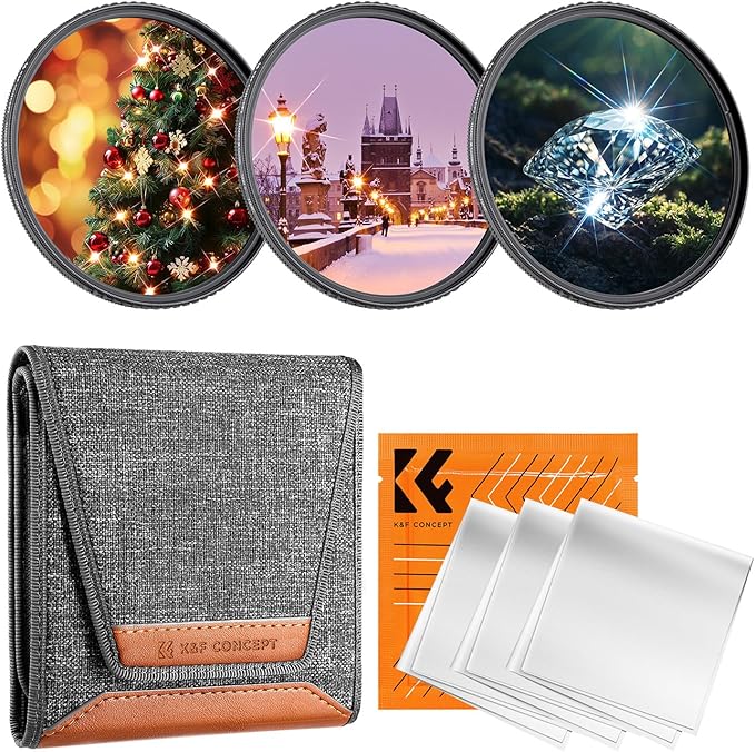 K&F CONCEPT 67mm Star Filters Kit (3pcs) 4 Points 6 Points 8 Points Cross Screen Starburst Filters Set -18 Layer Coating Ultra Slim Optical Glass Camera Lens Filter with 3 Cleaning Cloth