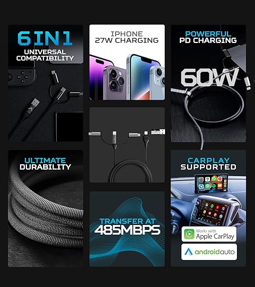 Futurizta Tech [Upgraded] Zeus-X 6-in-1 Universal Multi Cable (10ft/3m) Fast Charging 60W Laptop PD, QC3.0 & 27W iPhone Fast Charging & Data Sync, Military Grade Braided with Cable Organizer Strap