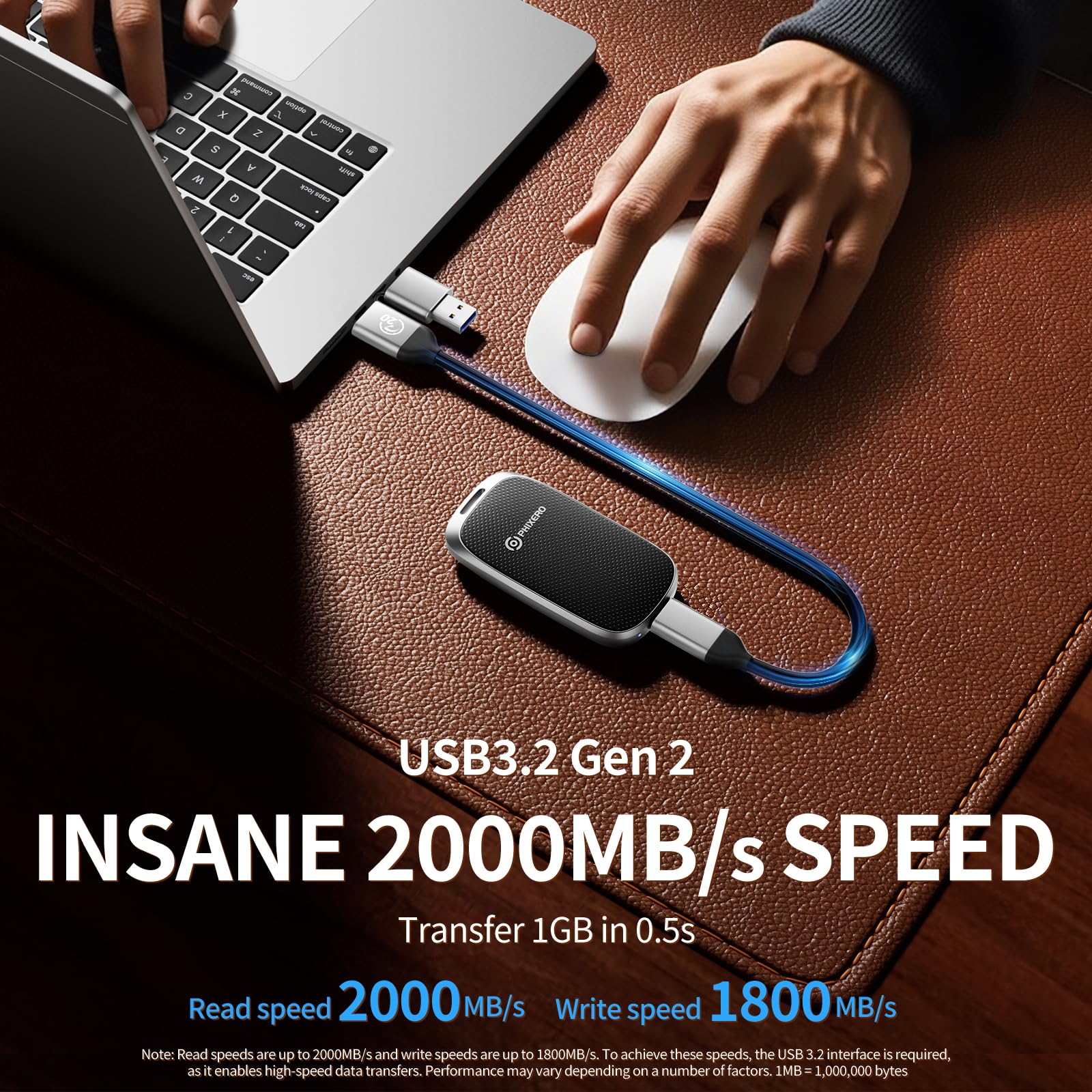 PHIXERO P20 External Portable SSD 512GB,up to 2050Mb/s,External Solid State Drives with 2 in 1 USB C Cable with LED Indicator,USB 3.2 Gen 2 Portable Hard Drive for iPhone 15/16 PRO, Mac, PC & Laptops