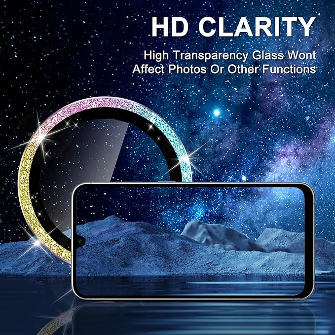 for Samsung Galaxy A06 Camera Lens Protector, Individual Metal Ring Tempered Glass Lens Cover, [Strong Adsorption] Scratch Resistant Ultra-Thin HD Clear Lens Cover, 1 Set-Colorful Sparkly