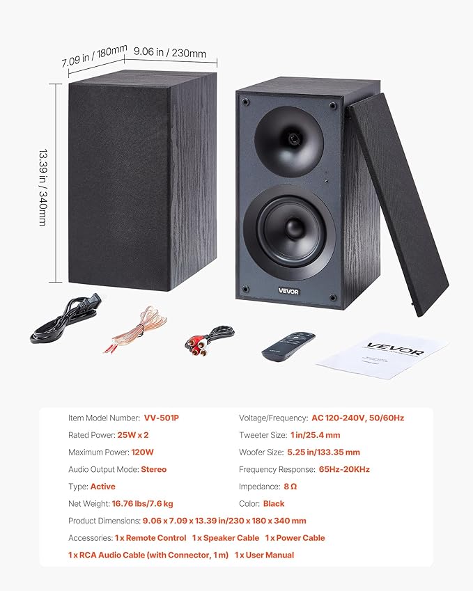 VEVOR Powered Bookshelf Speakers, 25W x 2, Active Studio Monitor Speaker with 5.25 Inch Woofer, Bluetooth/RCA/Coaxial/Optical/USB/Subwoofer Connection, Wooden Enclosure, for Record Player Turntable PC
