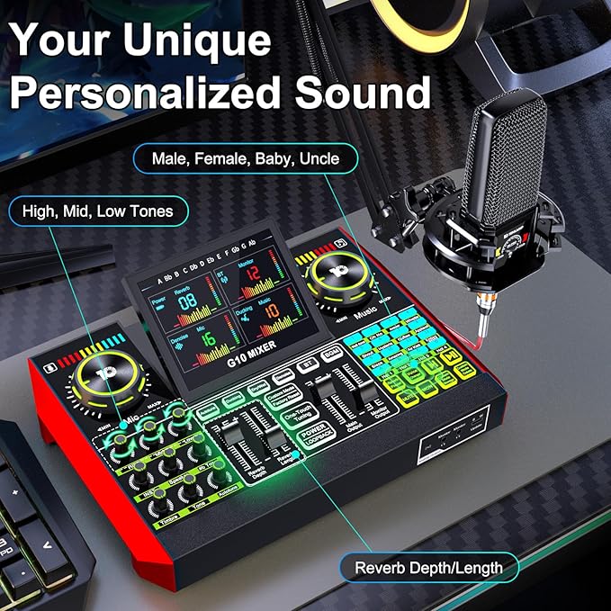 Podcast Equipment Bundle with 3.5mm Condenser Microphone for Pc/Phone Live Streaming Singing Gaming, Podcast Microphone Bundle with Live Sound Card Audio Mixer,Voice Changer, Denoise,DJ Sets