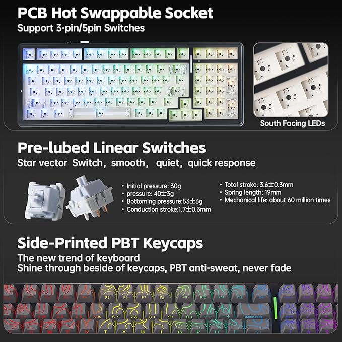 Aula F99 Keyboard Wireless Mechanical Keyboards Computer Bluetooth Gaming Keyboard Creamy Full Size Hot Swappable Custom RGB Backlit with 8000mAh Battery, Tri-Mode BT5.0/2.4GHz/USB-C (Gradient Grey)