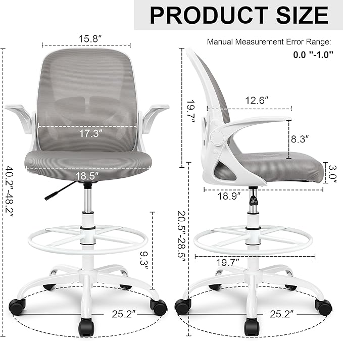 Primy Ergonomic Drafting Chair with Flip-up Armrests Tall Office Chair for Standing Desk Comfortable Desk Chair with Adjustable Footrest Ring and Lumbar Support in Gray Perfect for Home and Office Use