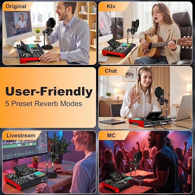 Podcast microphone bundle, live sound card, streaming audio mixer, podcast equipment bundle for PC/mobile live streaming, singing, gaming, soundboard with voice changer and noise reduction function