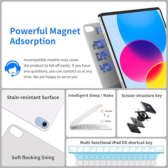 for iPad 11th (A16 2025) & iPad 10th Generation Case with Keyboard – Magic-Style Magnetic Keyboard for ipad 10th generation (10.9-inch 2022) with 7 Color Backlight, Multi-Touch Trackpad (White)