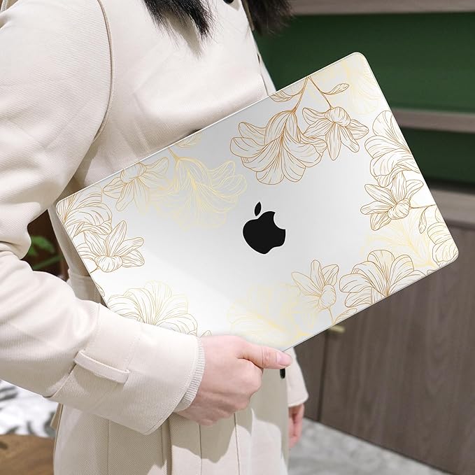 MEEgoodo for M4/M3/M2 MacBook Air 15.3 inch Case 2025 2024 2023, Case Fit Model (A3241/A3114/A2941) for MacBook Air 15 inch, Laptop Hard Shell with Keyboard Cover, Drawn Golden Floral
