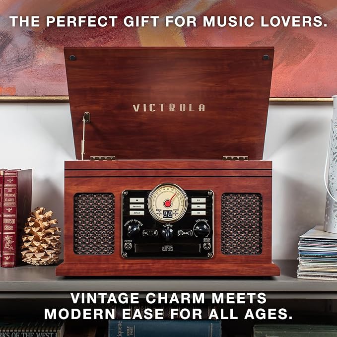 Victrola The Quincy 6-in-1 Bluetooth Record Player & Multimedia Center with Built-in Speakers – 3-Speed Turntable, CD & Cassette Player, AM/FM Radio, Wireless Music Streaming (Mahogony)