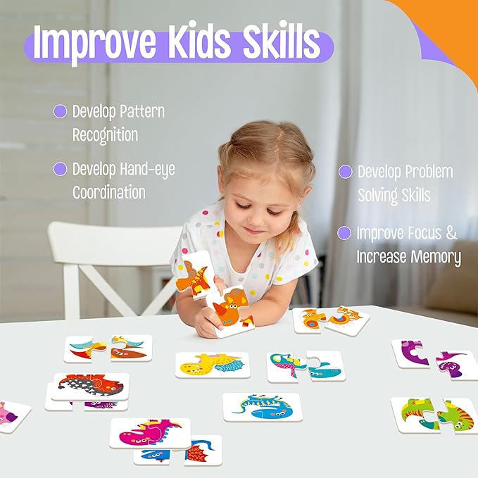 48 Dinosaurs Matching Puzzles with Error-Correction, Self-Correcting Puzzle Match Game Educational Matching Puzzles for Toddlers Kindergarten, Dinosaur-Themed Learning Games Toys for 3 Years Old
