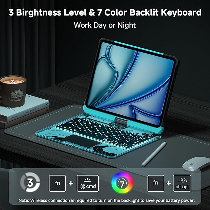 iPad Keyboard Case for 2024 M4 iPad Pro 13 inch, Magic Wireless Keyboard with Trackpad 7 Color Backlit, 360° Rotating Stand Transparent Protective Cover with Pencil Holder (Cyan)