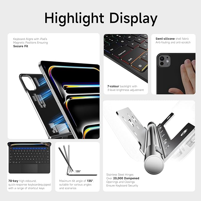 nimin Keyboard Case for iPad Pro 13 inch 2024 (M4),Multi-Touch Trackpad, Magnetic Attach, 7-Color Backlight, Auto Sleep/Wake, Obsidian Black
