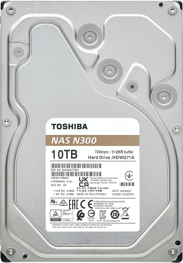 Toshiba N300 10TB NAS 3.5-Inch Internal Hard Drive - CMR SATA 6 Gb/s 7200 RPM 512 MB Cache - HDWG71AXZSTA