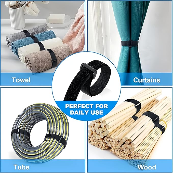 26ft 1.5 Inch Wide Cable Straps, Jumpso Adjustable Fastening Hook and Loop Straps with 20 Buckles, Reusable Nylon Cut-to-Length Cinch Straps for Organizer or Storage, Black