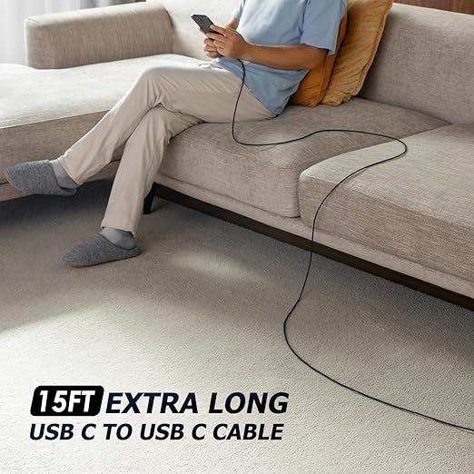 Extra Long USB C to USB C Cable 15FT 2Pack 100W, USB C Charger Cable Fast Charging Cord Braided, Type C Cable for iPhone 16 15/15Plus/15Pro/Max, MacBook Pro/Air, iPad Pro/Air/Mini,Samsung,Pixel,Laptop