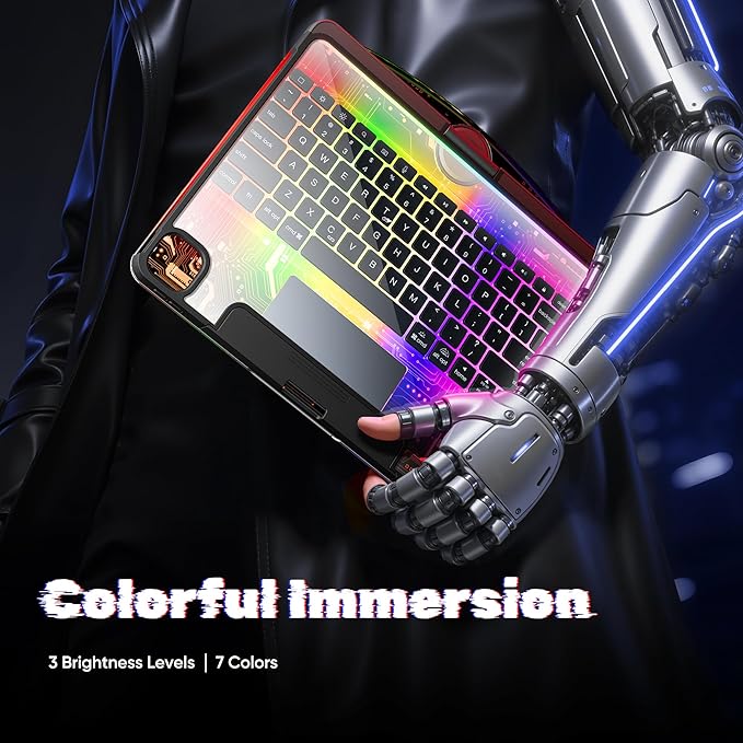 KITONE Transparent Case with Wireless Keyboard only for 2024 iPad Pro 11-in.(M4), 7 Colors Backlight, Trackpad, 360°Rotating Stand for iPad Pro 11(5th Gen), Tech Style