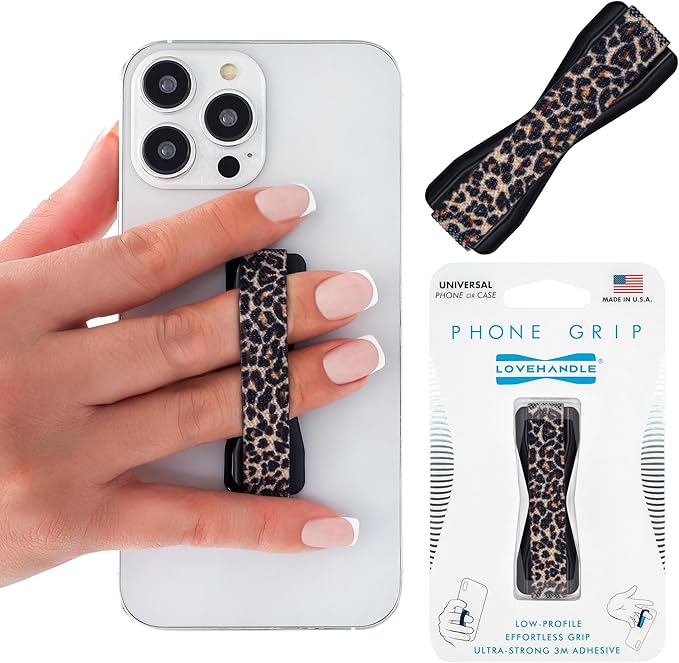 LOVEHANDLE Universal Phone Grip for Smartphones & Mini Tablets - Phone Holder for Hand - Wireless Charging Compatible - Made in The USA - Leopard