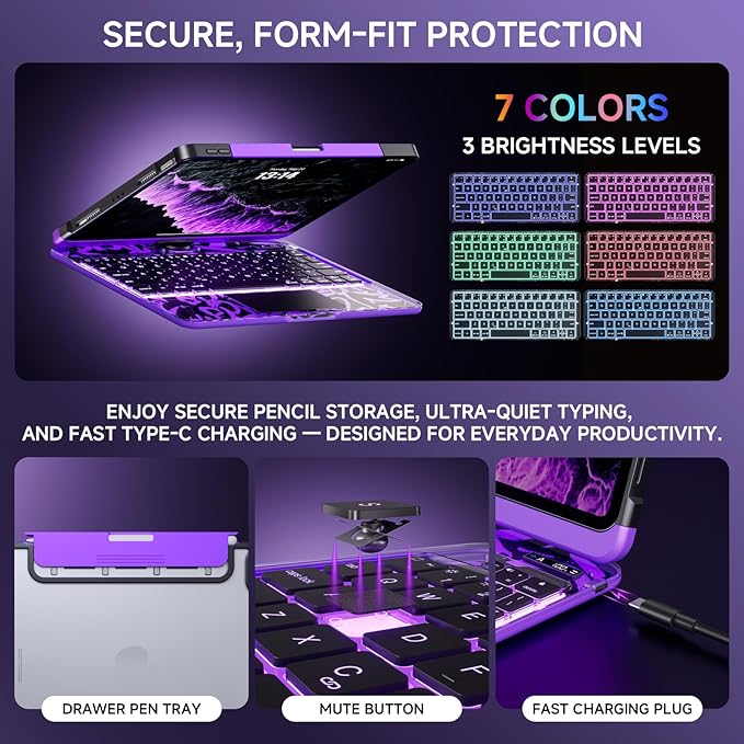Transparent Case with Keyboard for 2024 iPad Pro 13 inch (M4), iPad Pro 13,7-Color Backlit,Magic Wireless Keyboard, 360°Rotating,Multi-Touch trackpad,Pencil Holder,with Shortcuts,Purple