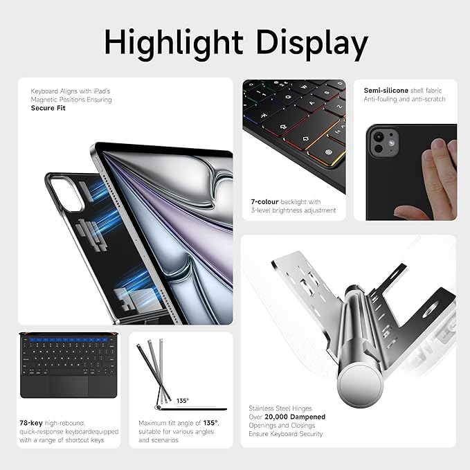 nimin Keyboard Case for 2024 iPad Air 13 and iPad Pro 12.9 6th, 5th, 4th, 3rd Gen,Magic Keyboard for iPad Pro 12.9, Trackpad,Magnetic Attach,7-Color Backlight, Auto Sleep/Wake,Obsidian Black