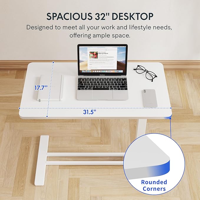 FLEXISPOT Mobile Standing Desk with Wheels Pneumatic Laptop Desk Rolling Computer Cart Movable Height Adjustable Small Sit Stand Desk Computer Workstations Home Use（31.5" W x 17.7" D,White