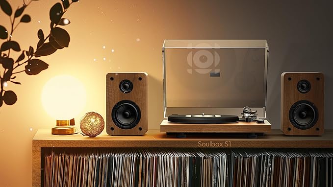 SoulBox S1 Vinyl Record Player with Stereo Speakers, Turntable with Built-in Preamp, S-Shaped Tonearm, 33/45 RPM - Walnut