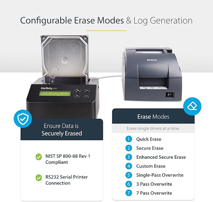 StarTech.com Single Bay Hard Drive Eraser, Standalone HDD/SSD Disk Wiper/Sanitizer, 4Kn, USB 3.0 to SATA III, 9 Erase Modes, LCD, RS232 Printer Port, Hardware Erasing Tool, TAA Compliant (SDOCK1EU3P2)