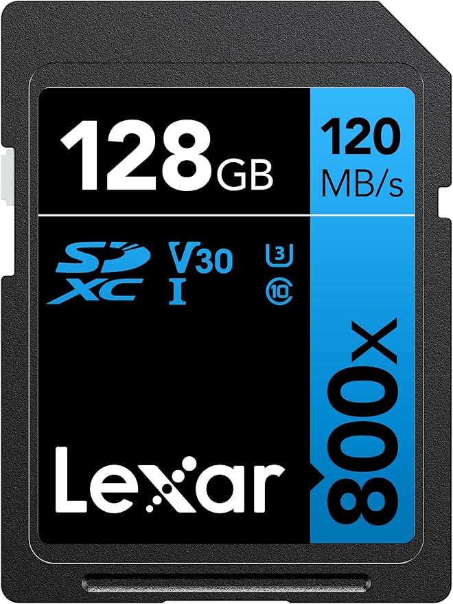 Lexar High-Performance 800x 128GB SDXC UHS-I Memory Card, C10, U3, V30, Full-HD & 4K Video, Up to 120MB/s Read, for Point-and-Shoot Cameras, Mid-Range DSLR, HD Camcorder (LSD0800128G-BNNNU)