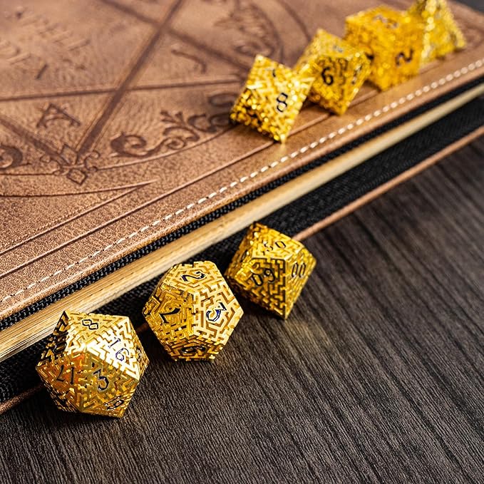 Golden Metal Hollow DND Dice Set (Paladin) Metallic Luster Maze Design with Storage Box - Balanced Weight 7 Piece Zinc Alloy, Designed for Dungeons and Dragons DM Player RPG Accessories