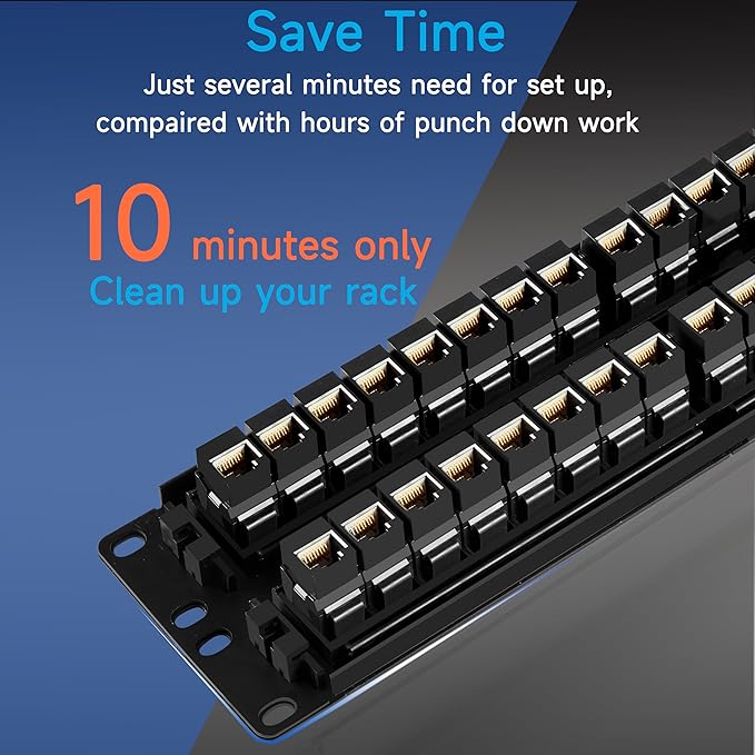 48 Port RJ45 Cat6 Patch Panel, 19 Inch, Black, Easy Install & Repair, Gold Plated Keystone, Rack Mountable