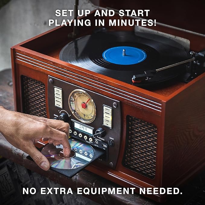 Victrola Navigator 8-in-1 Bluetooth Record Player with Built-in Speakers – 3 Speed Turntable, CD Player, Cassette, FM Radio, USB, RCA Out, Headphone Jack, Wireless Music Streaming, Real Wood (Oak)