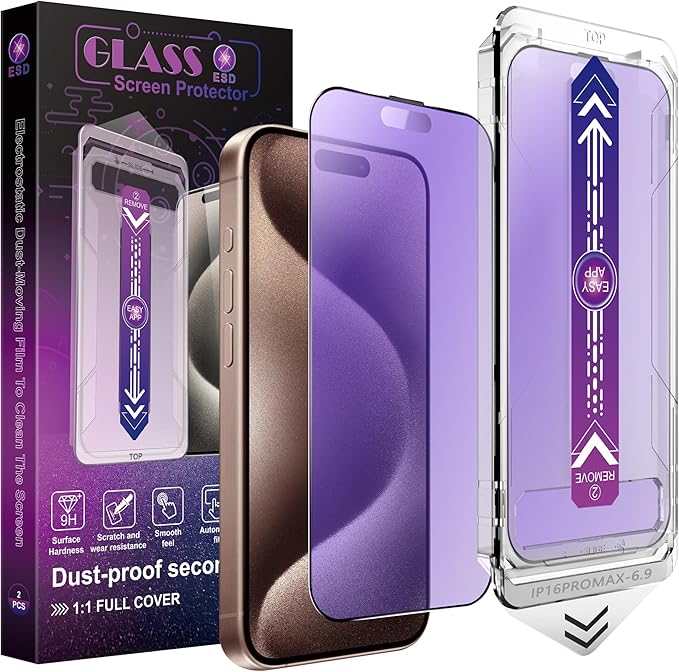 2 Pack Anti Blue Light Matte Screen Protector for iPhone 16 Pro Max, 9H Tempered Glass, Full Coverage, Anti-Fingerprint, Auto Dust-Elimination, No Bubble, Easy Installation