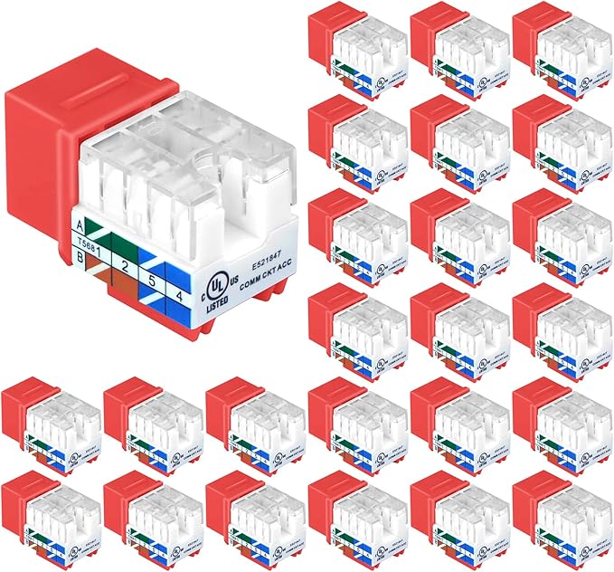 VCE UL Listed Cat6 RJ45 Keystone Jack Insert 25-Pack, 90 Degree Punch Down Keystone Jack Adapter Slim Profile Red