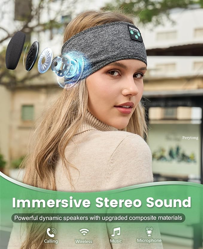 Perytong Sleep Headphones, Bluetooth Sports Headband Headphones with Ultra-Thin HD Stereo Speakers Perfect for Sleeping,Workout,Jogging,Yoga,Insomnia, Air Travel, Meditation