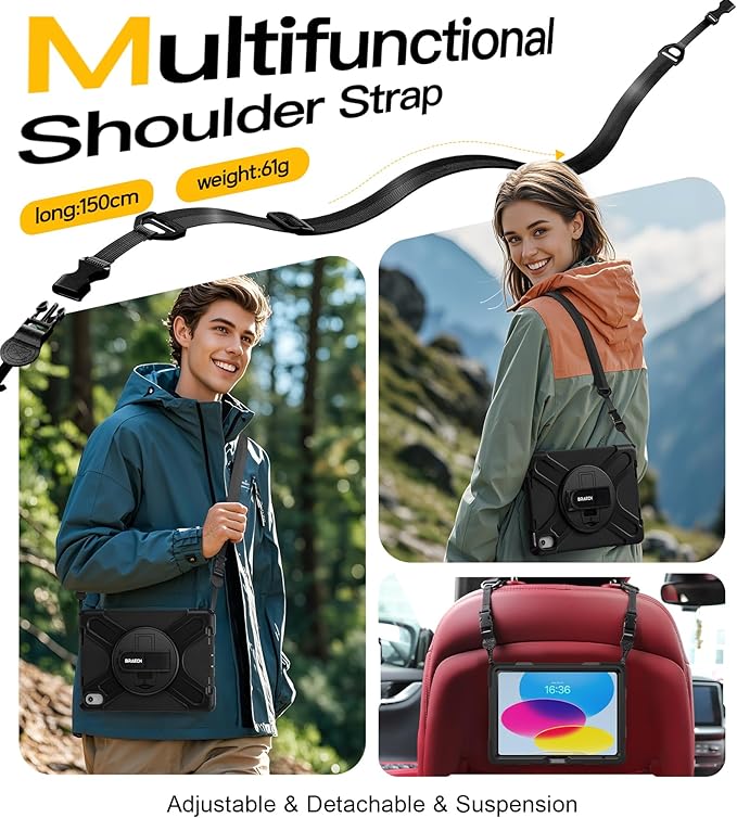 BRAECN for iPad (A16) 11th/10th Generation case 11/10.9 inch 2025/2022 Heavy Duty Shockproof Protective with Pencil Holder Screen Protector 360°Rotating Stand Handle & Shoulder Strap Full Body Cover