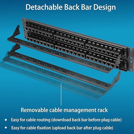 Rapink 48 Port Cat6 Patch Panel with Inline Keystone 10G Support, Pass-Thru Coupler UTP 19-Inch, Removable Back Bar, 1U Network for Cat6, Cat5e, Cat5 Cabling