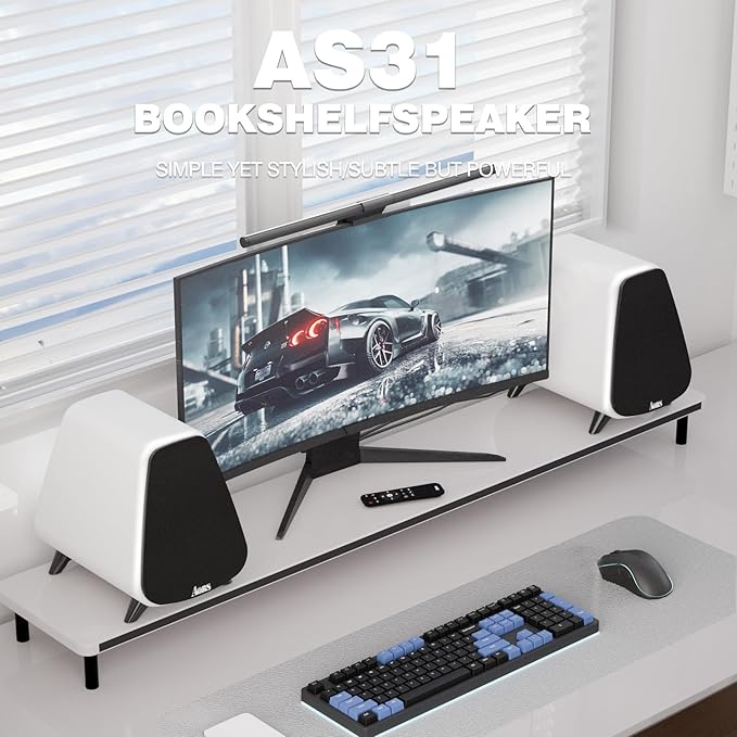 AS31 Active Bookshelf Speakers Bluetooth -2.0 Powered Speaker Stereo Computer Speakers for Desktop pc ，Monitor Speakers 80WRMS/3inch Bass RCA/Optic Inputs, Wooden Compact (Violet)