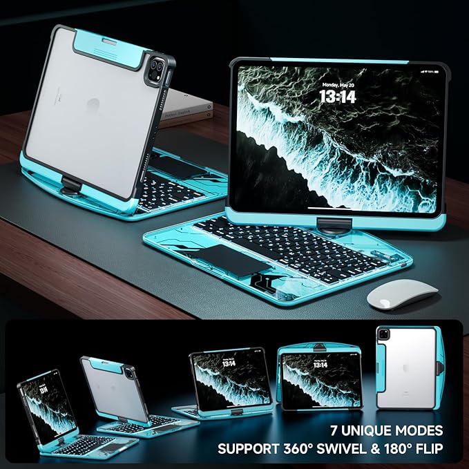 Transparent Case with Keyboard for 2024 iPad Pro 11-inch (M4),with 7-Color Backlit Wireless Keyboard, 360°Rotatable Protective Case Multi-Touch Trackpad,with Pencil Holder,with Shortcuts,Blue