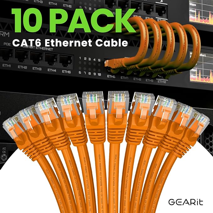 GearIT Cat 6 Ethernet Cable (10-Pack 7 Feet) Cat6 Network Patch, 10Gbps, RJ45, Snagless Cord, Gold-Plated Connectors, Internet for PC, TV, Tablet, Router, Printer, Servers, IT Data Center - Orange
