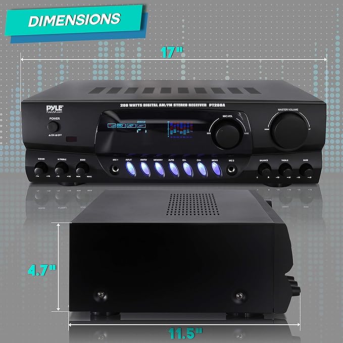 Pyle 200W Home Audio Power Amplifier - Stereo Receiver w/AM FM Tuner, 2 Microphone Input w/Echo for Karaoke, Great Addition to Your Home Entertainment Speaker System - PT260A.5